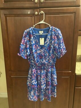 Sugarlips Royal Blue Floral V-Neck Dress with Pink Accents